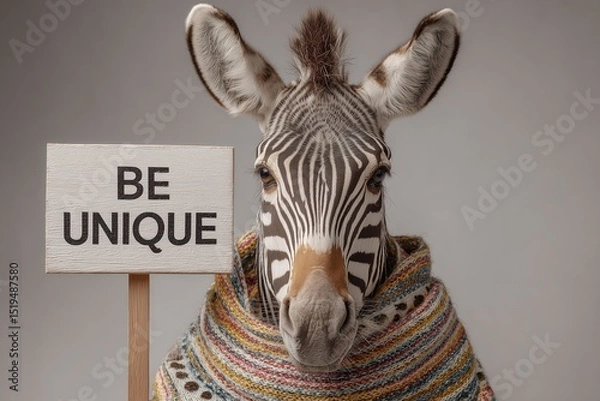Obraz A funky zebra in a polka-dot scarf holding a board with "Be Unique" on a minimalist white canvas.