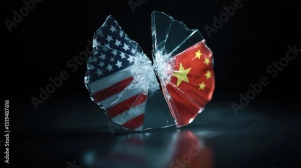 Obraz Shattered glass representing broken international dialogue, USA China conflict