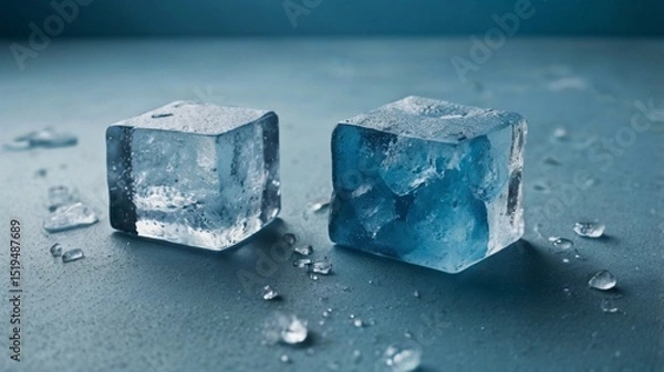 Fototapeta two ice cubes sitting on a blue surface