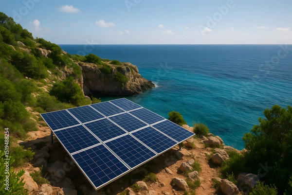 Fototapeta Solar Array on Remote Island Cliff Above Turquoise Sea