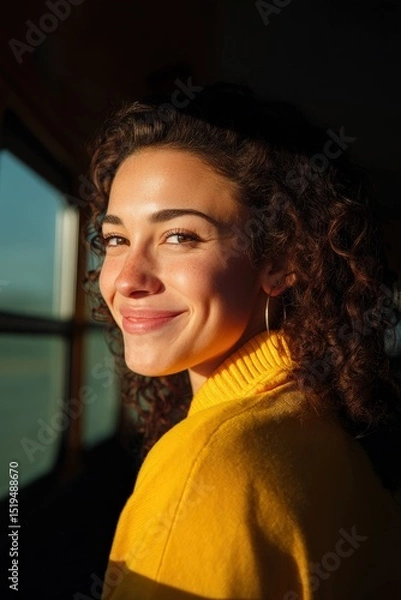 Obraz Student smiling from rear window with soft sunlight, Electric school bus
