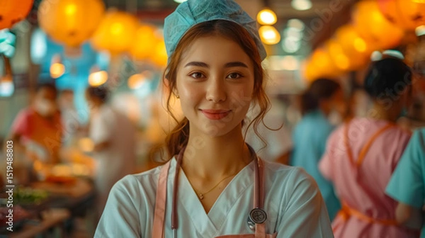 Fototapeta Asian female nurse in uniform smiling at an open market with warm lighting and background activity. Symbolizes care, compassion, and cultural diversity in healthcare.