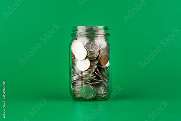 Obraz Saving Coins in Glass Bottles, Money, Financial Planning and Investment, Creating Financial Security