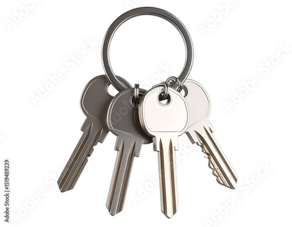 Fototapeta Set of Metal House Keys on Keyring  isolated on transparent or white background	
 