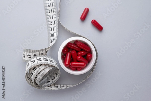 Fototapeta Measuring tape and tablets, vitamins on a light background with space for text. Concept of losing weight, dieting, burning fat, healthy eating.  