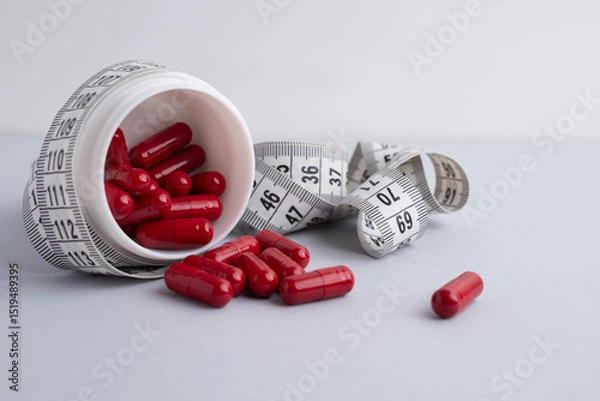 Fototapeta Measuring tape and tablets, vitamins on a light background with space for text. Concept of losing weight, dieting, burning fat, healthy eating.  