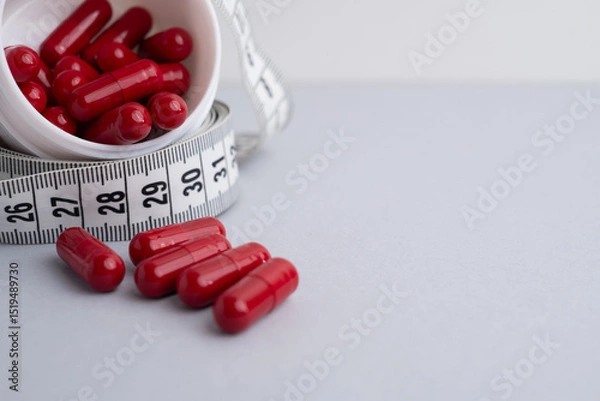 Fototapeta Measuring tape and tablets, vitamins on a light background with space for text. Concept of losing weight, dieting, burning fat, healthy eating.  