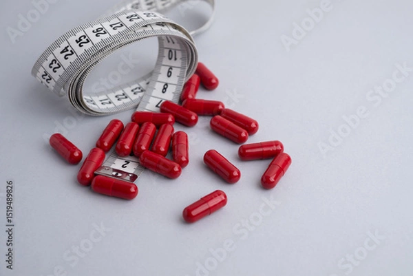 Fototapeta Measuring tape and tablets, vitamins on a light background with space for text. Concept of losing weight, dieting, burning fat, healthy eating.  