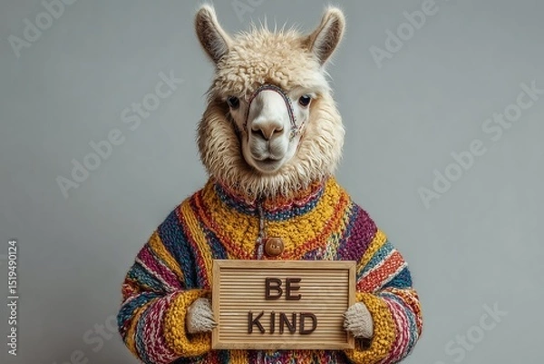 Obraz A stylish llama in a vibrant sweater holding a message board saying "Be Kind" on a minimalist white background.