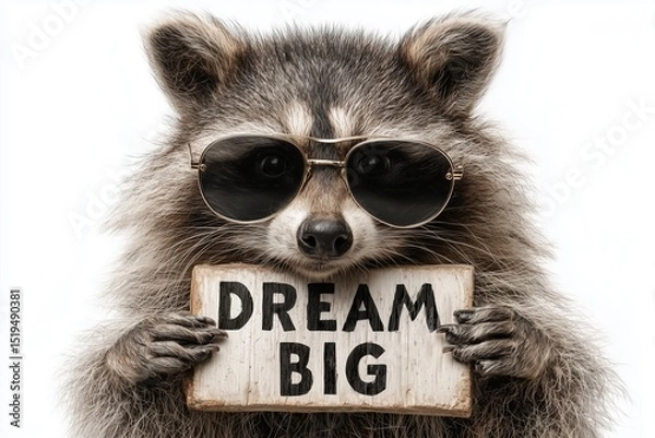 Obraz A playful raccoon wearing retro sunglasses holding a sign that reads "Dream Big" on a bright white backdrop.