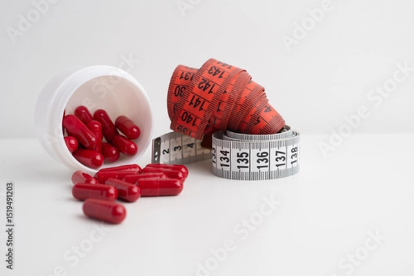 Fototapeta Measuring tape and tablets, vitamins on a light background with space for text. Concept of losing weight, dieting, burning fat, healthy eating.  
