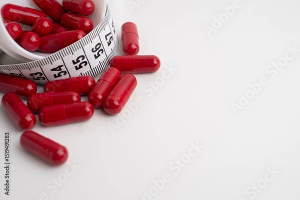 Fototapeta Measuring tape and tablets, vitamins on a light background with space for text. Concept of losing weight, dieting, burning fat, healthy eating.  