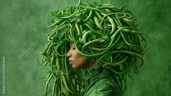 Fototapeta A woman stands in profile, showcasing a striking large hairpiece composed of various green plants and vines