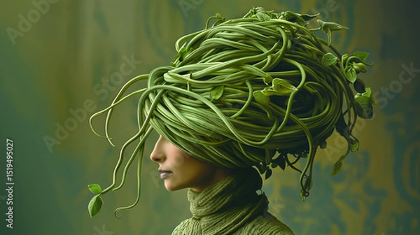 Fototapeta A model showcases a striking hairstyle made of lush green vines in an artistic indoor environment