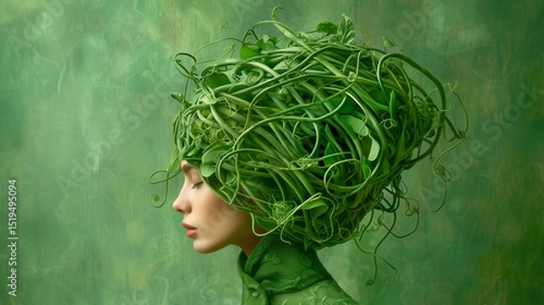 Fototapeta A woman stands in profile, showcasing an intricate headdress made of twisting green vines and leaves. The smooth green background highlights the organic theme and artistic presentation of nature