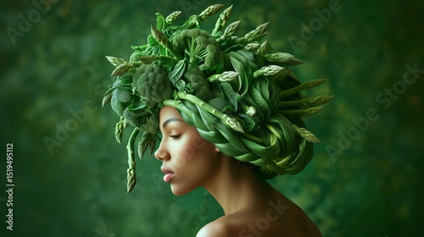Fototapeta A woman poses gracefully with an elaborate hairstyle made from fresh vegetables, set against a rich green background. Her serene expression enhances the vibrant, natural theme