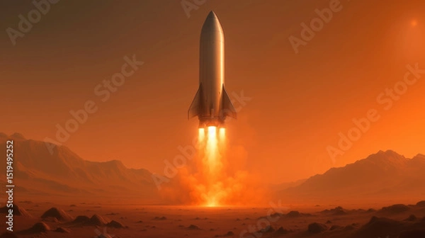 Fototapeta A rocket ascends from the Martian surface, propelling human colonization forward. The orange sky sets a dramatic backdrop, highlighting the ambitious exploration of the Red Planet