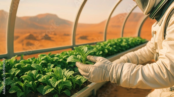 Fototapeta Astronauts are engaged in growing crops in environmentally controlled greenhouses on Mars. This pioneering effort aims to establish sustainable food sources for future Mars missions