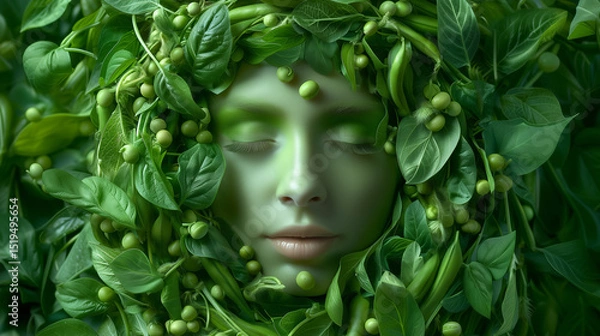 Fototapeta A tranquil figure with closed eyes emerges from a lush arrangement of leaves and peas. The setting exudes calmness, blending human form with nature in an artistic display