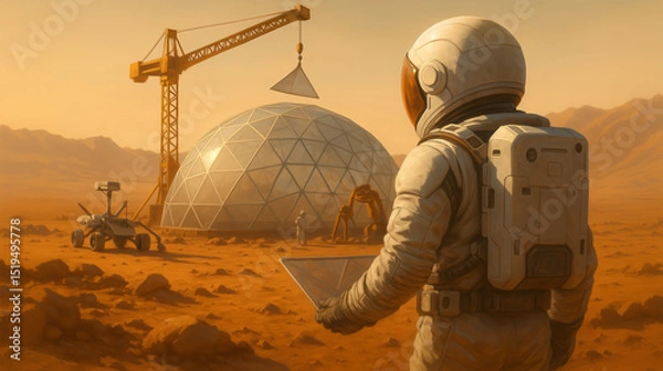 Fototapeta Construction activities are underway on Mars with astronauts overseeing the assembly of dome habitats. A rover is also present, indicating collaborative efforts to establish a human presence