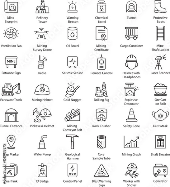 Obraz Mining Industry Icons Vector Set, Outline Style