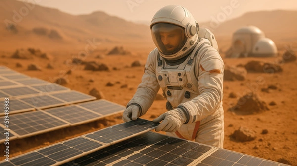 Fototapeta An astronaut works diligently on Mars, carefully setting up solar panels to harness energy for upcoming colonization projects. The Martian landscape provides a stark backdrop for human advancement