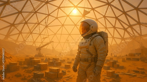 Fototapeta An astronaut stands inside a large geodesic dome on Mars, observing the beginning of habitat construction. The landscape is dusty and orange, with crates scattered around under a dusky sun
