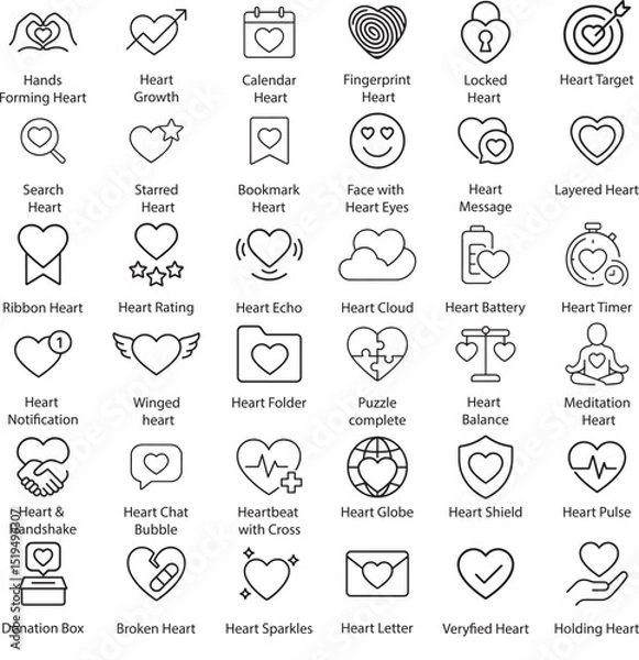 Fototapeta Heart Icon Set, Outline Style, Vector Illustration