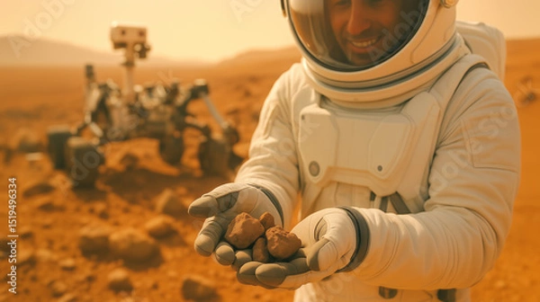Fototapeta An astronaut stands on the Martian surface, holding three samples of soil. Behind, a rover conducts research
