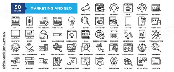 Fototapeta 50 Marketing and SEO icon set. Containing design Megaphone, Settings, Promotion, Web Development, Development	