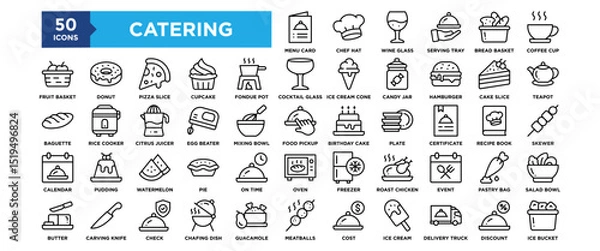Fototapeta 50 Catering icon set. Containing design restaurant, plate, service, food, table, event	