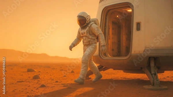 Fototapeta Astronauts step out of a spacecraft onto the red Martian surface, surrounded by rocky terrain and a striking orange sky at sunset. This marks a significant milestone in space exploration