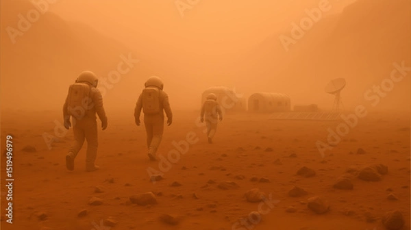 Fototapeta Three astronauts walk through dense Martian dust, engaged in exploration activities