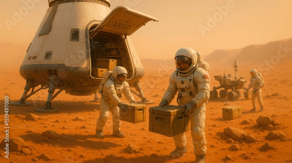 Obraz Astronauts in spacesuits carefully unload cargo boxes from a spacecraft on Mars' reddish surface, demonstrating the early stages of colonisation and scientific exploration on the distant planet