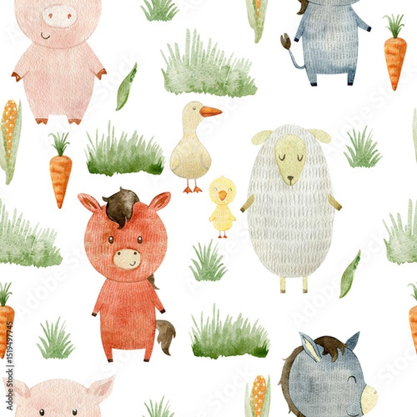 Fototapeta Watercolor pattern with farm animals.