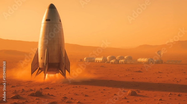 Fototapeta A rocket ascends from the red Martian soil, leaving a trail of dust behind as it heads toward a futuristic habitat. The scene is set against a breathtaking orange sky at sunset