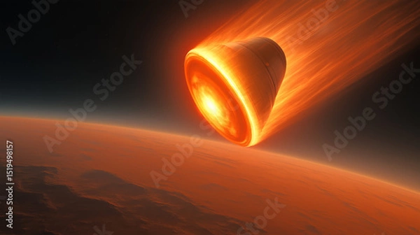 Fototapeta A spacecraft is entering the atmosphere of Mars, surrounded by fiery plasma trails. This critical moment marks a key part of the colonization effort on the red planet, showcasing human exploration