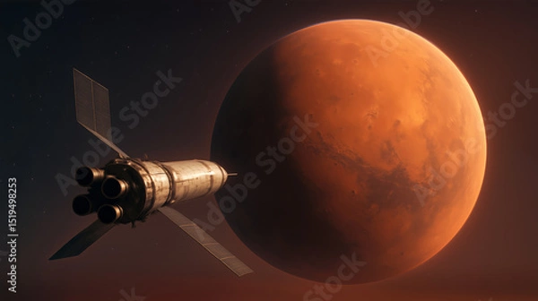 Fototapeta A spacecraft is seen making its approach toward Mars, showcasing the red planet's surface and atmosphere. This marks a significant step in human plans for Mars colonization