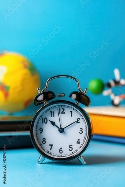 Fototapeta A black alarm clock with a white face sits on a blue surface