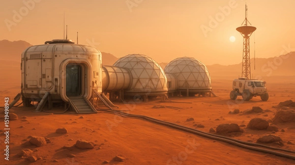 Fototapeta Mars colonization shows futuristic habitats connected by cables, an exploration vehicle parked nearby, and a tower