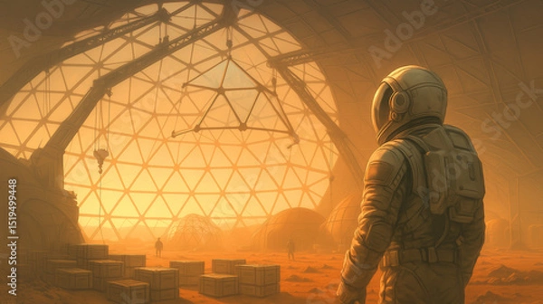 Fototapeta Astronaut stands inside a large geodesic dome habitat on Mars, observing cargo boxes and other settlers against a glowing sunset backdrop