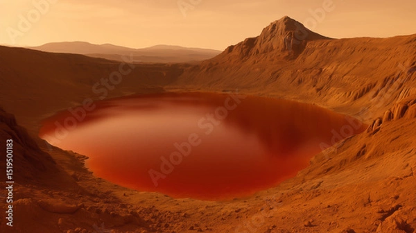 Fototapeta The barren yet beautiful Martian terrain showcases a massive crater filled with reddish liquid, water on Mars concept