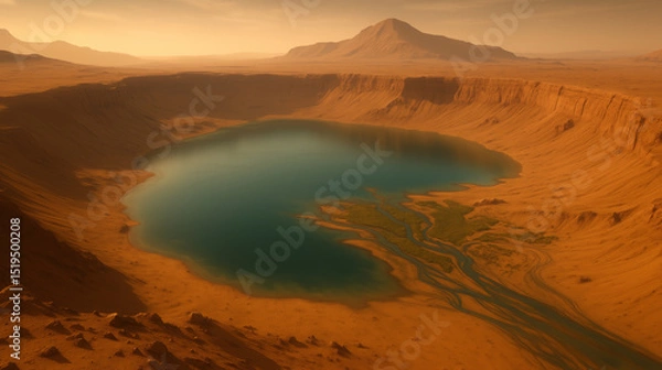 Fototapeta Water on Mars reconstruction. On the surface of Mars, a deep crater filled with vibrant blue water contrasts against the rusty red landscape.