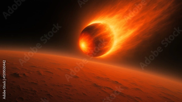 Fototapeta Fiery spherical spacecraft descends into the Martian atmosphere. The intense event captures the challenges and wonders of potential human colonization in a hostile environment