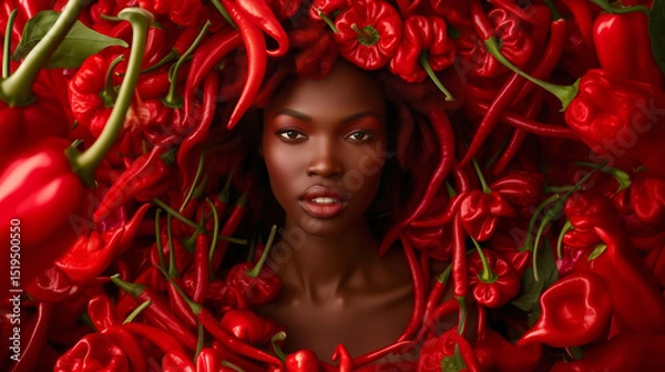 Fototapeta A woman with striking features is enveloped in an array of vibrant red peppers, creating a bold and artistic portrayal. The composition highlights the contrast between her skin and the peppers