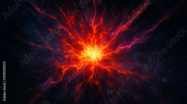 Fototapeta An intense burst of bright yellow and red energy radiates in all directions, contrasting against the dark backdrop of space. Surrounding gasses and particles swirl, enhancing the cosmic phenomenon