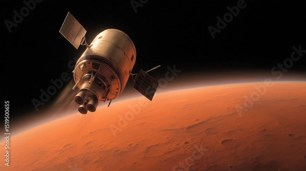 Fototapeta An advanced spacecraft hovers above the surface of Mars, demonstrating the progress of human technology aimed at colonizing the red planet. The mission showcases ambitions for future exploration