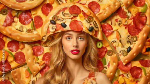 Fototapeta A young woman showcases a whimsical pizza-themed outfit, surrounded by colorful pizza slices. The ensemble features various toppings, creating a playful and artistic food display