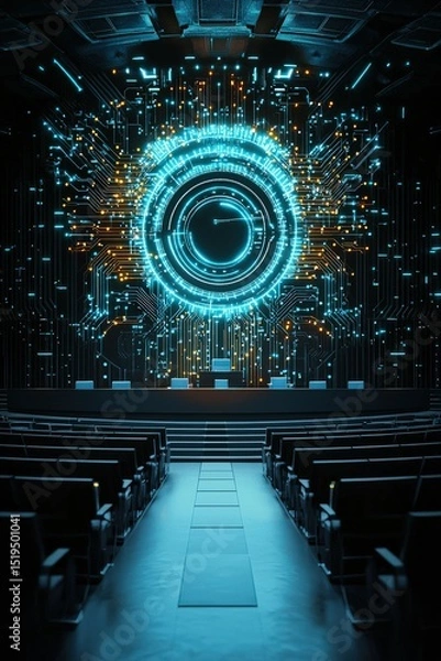 Fototapeta A futuristic scene with a large blue circle in the center