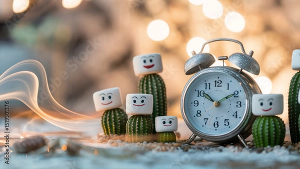 Fototapeta Whimsical Sugar Cube Characters with Vintage Clock in Frosty Winter Setting